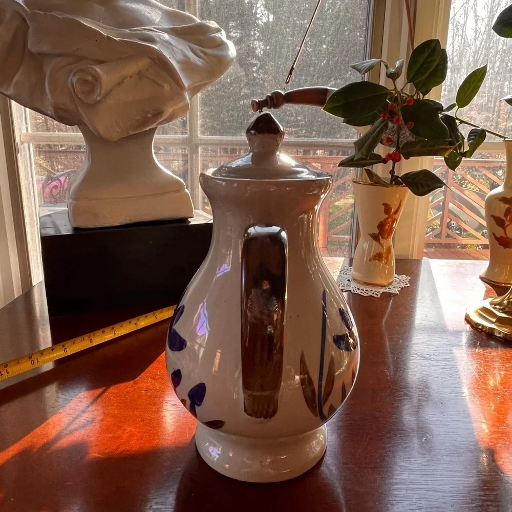 Vintage Pottery Coffee Pot Folk Art Blue Flower Tea Pot Chocolate Pot